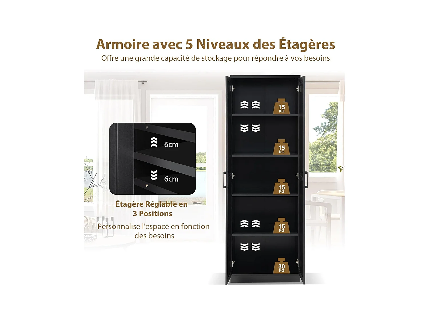 Armoire de Rangement, Armoire Chambre 2 Portes et 4 Étagères, Poignée en Métal, Armoire Multifonctionnelle, 59 x 43,5 x 178cm (Noir)