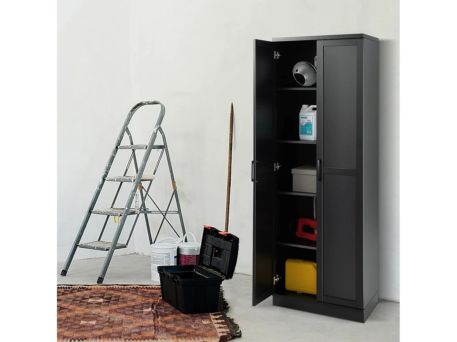 Armoire de Rangement, Armoire Chambre 2 Portes et 4 Étagères, Poignée en Métal, Armoire Multifonctionnelle, 59 x 43,5 x 178cm (Noir)