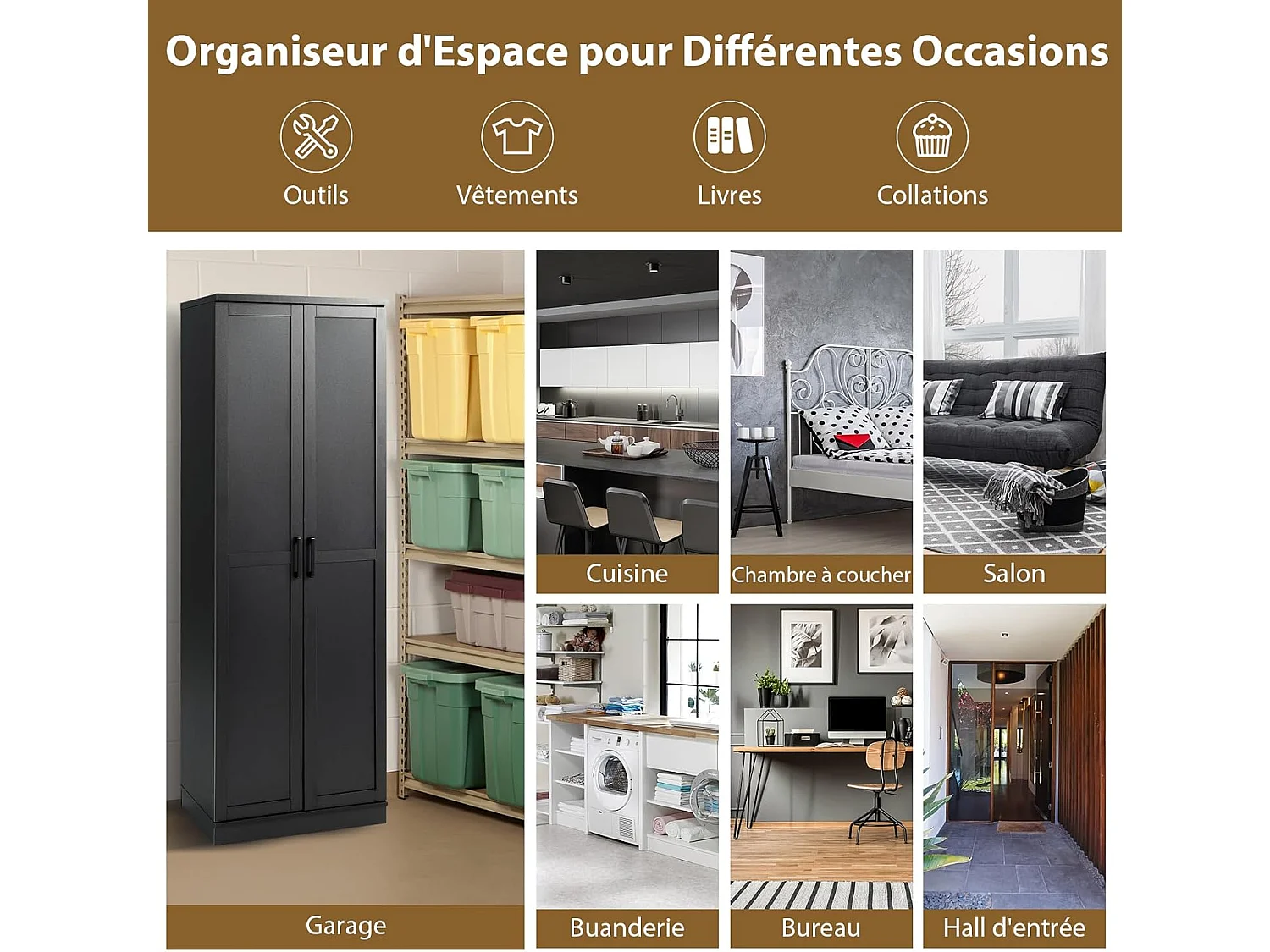 Armoire de Rangement, Armoire Chambre 2 Portes et 4 Étagères, Poignée en Métal, Armoire Multifonctionnelle, 59 x 43,5 x 178cm (Noir)