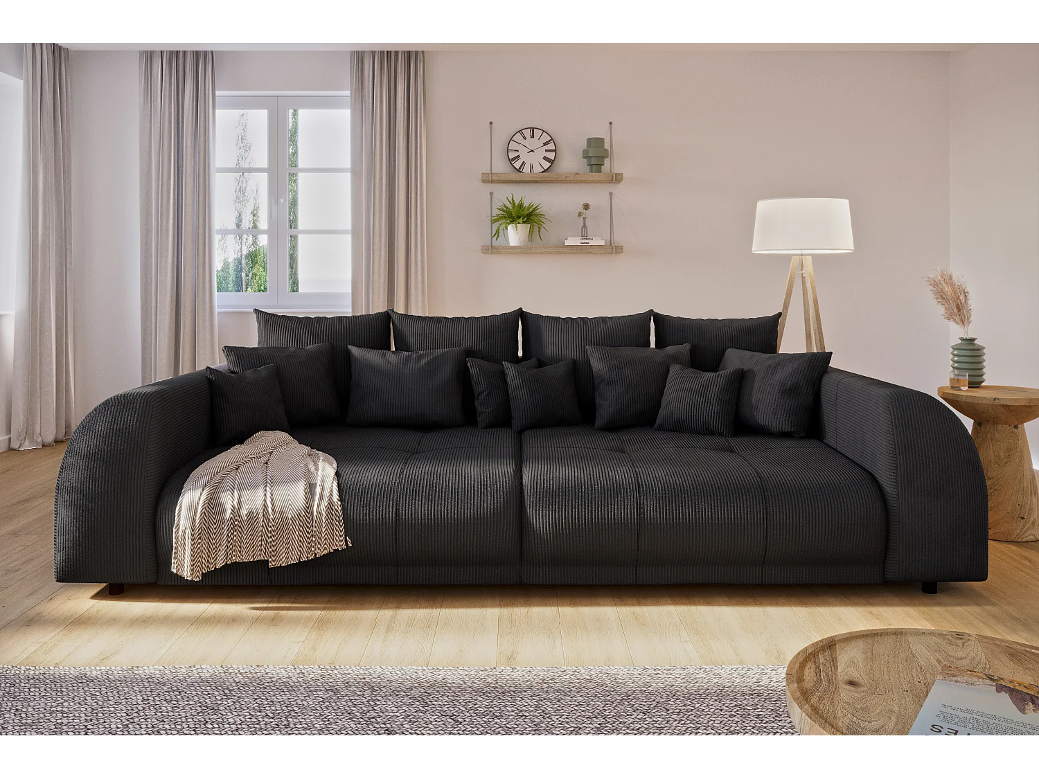 Levana - Big Sofa 5 Sitzer boxspringfederung lounge Sofa in Schwarz Cord-Stoff