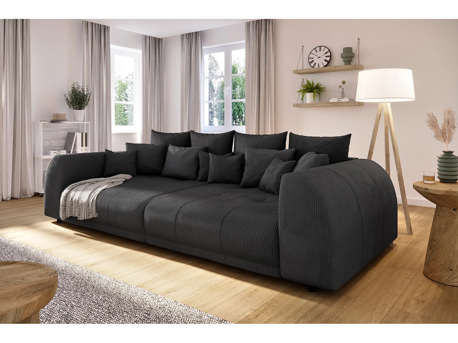 Levana - Big Sofa 5 Sitzer boxspringfederung lounge Sofa in Schwarz Cord-Stoff