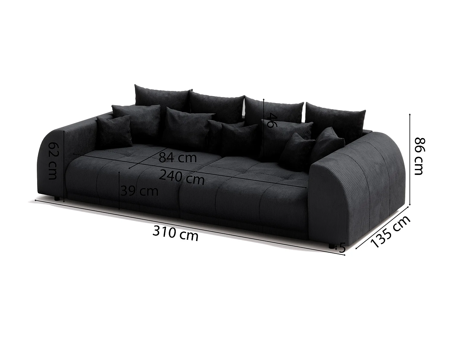 Levana - Big Sofa 5 Sitzer boxspringfederung lounge Sofa in Schwarz Cord-Stoff