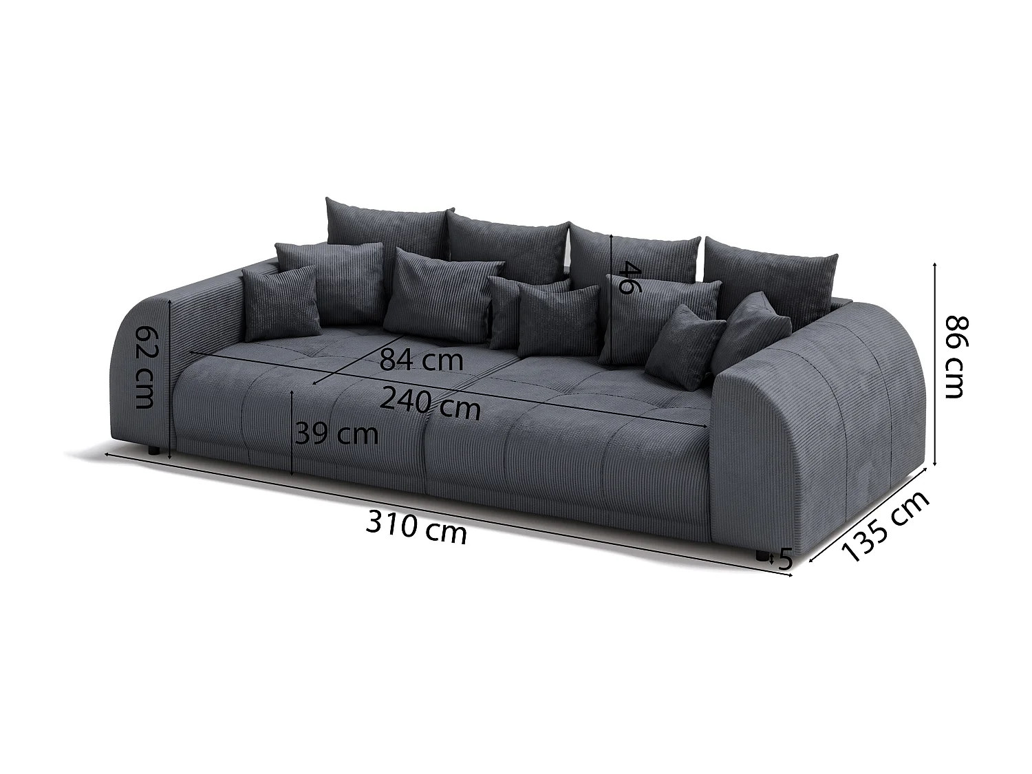 Levana - Big Sofa 5 Sitzer boxspringfederung lounge Sofa in Grau Cord-Stoff