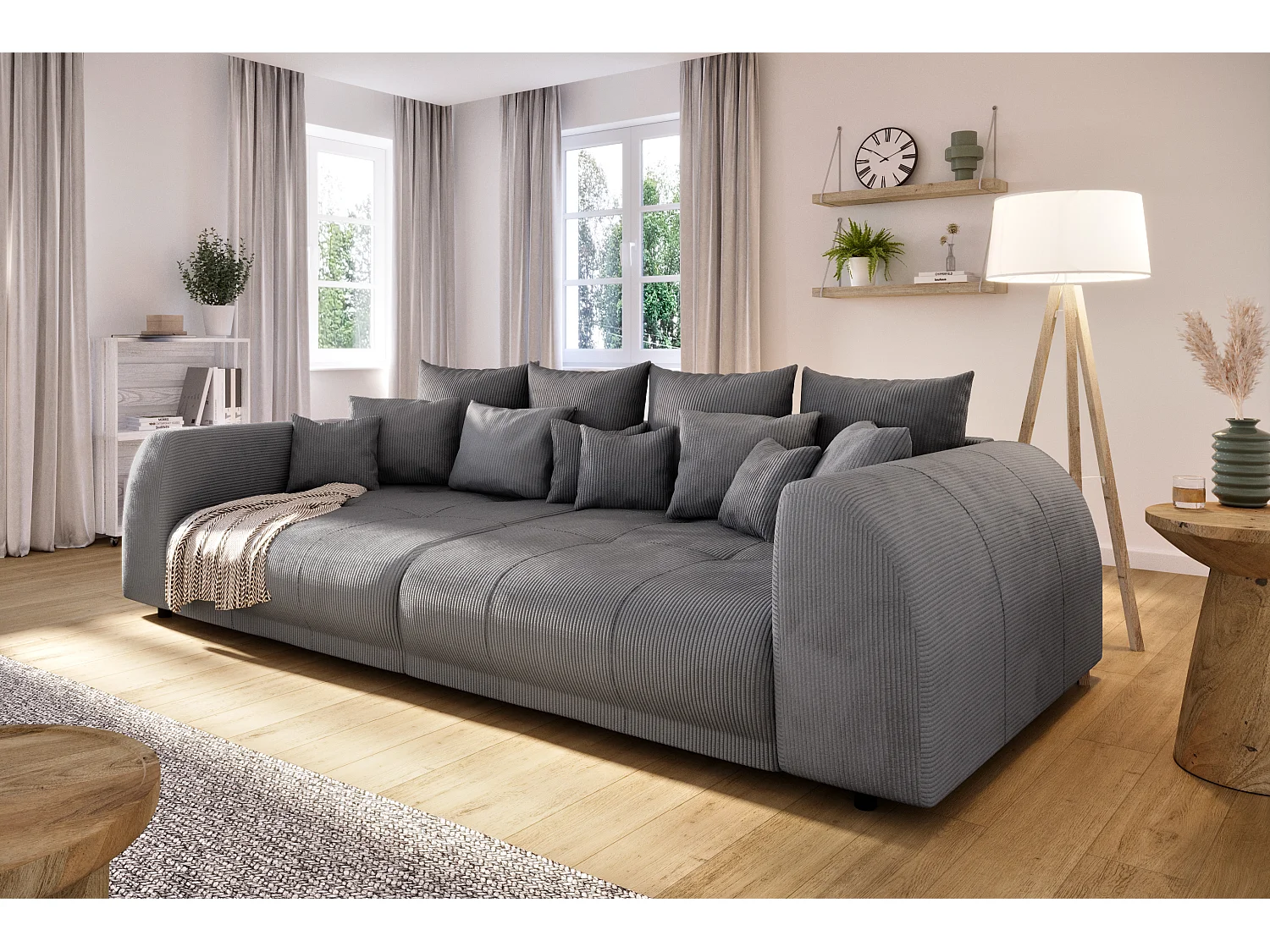 Levana - Big Sofa 5 Sitzer boxspringfederung lounge Sofa in Grau Cord-Stoff