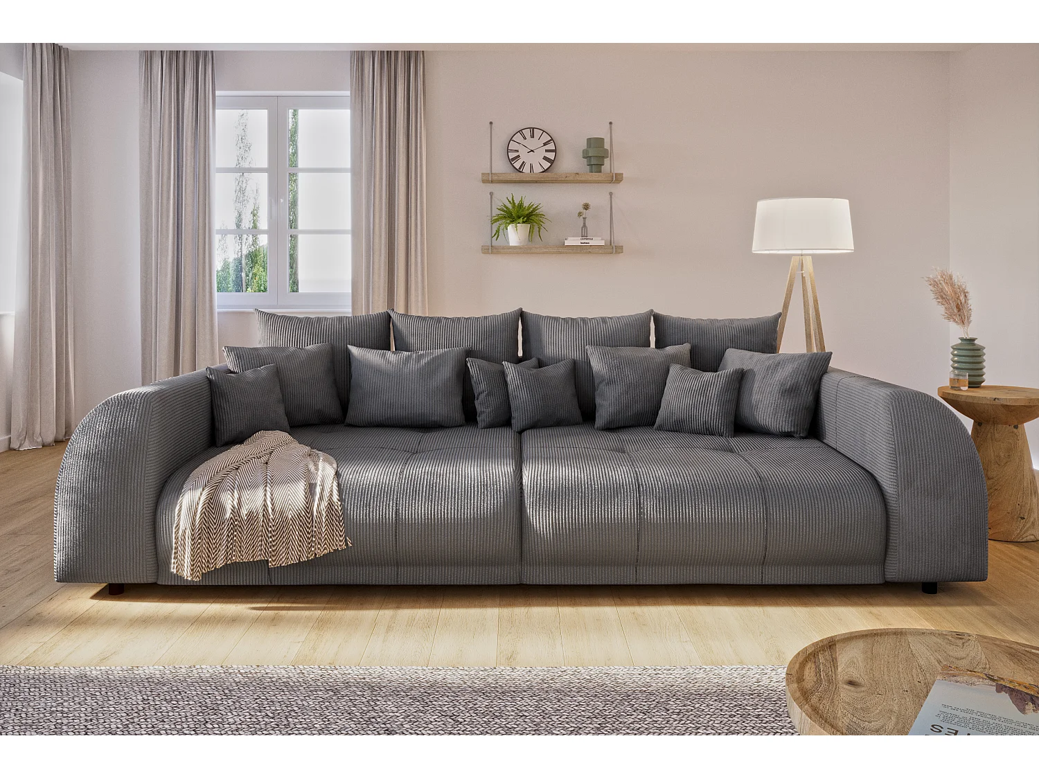 Levana - Big Sofa 5 Sitzer boxspringfederung lounge Sofa in Grau Cord-Stoff