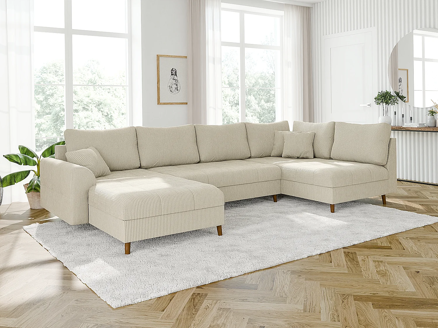 Jasper - Wohnlandschaft mit Braun Holzfüßen im skandinavischen Stil aus Beige Cord-Stoff, Ottomane links