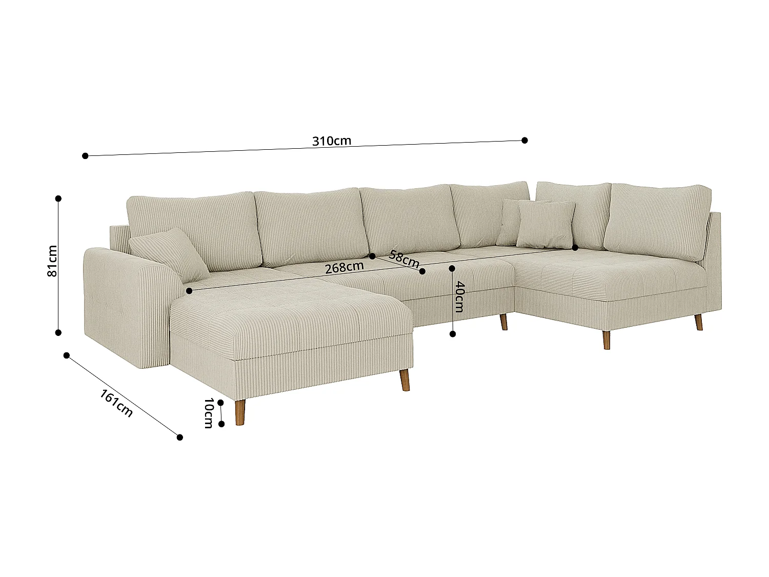 Jasper - Wohnlandschaft mit Braun Holzfüßen im skandinavischen Stil aus Beige Cord-Stoff, Ottomane links