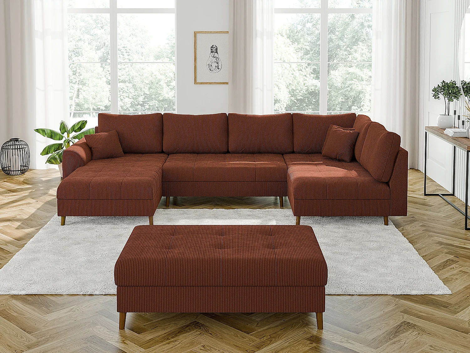 Jasper - Wohnlandschaft mit Braun Holzfüßen im skandinavischen Stil aus Terrakotta Cord-Stoff, Ottomane links