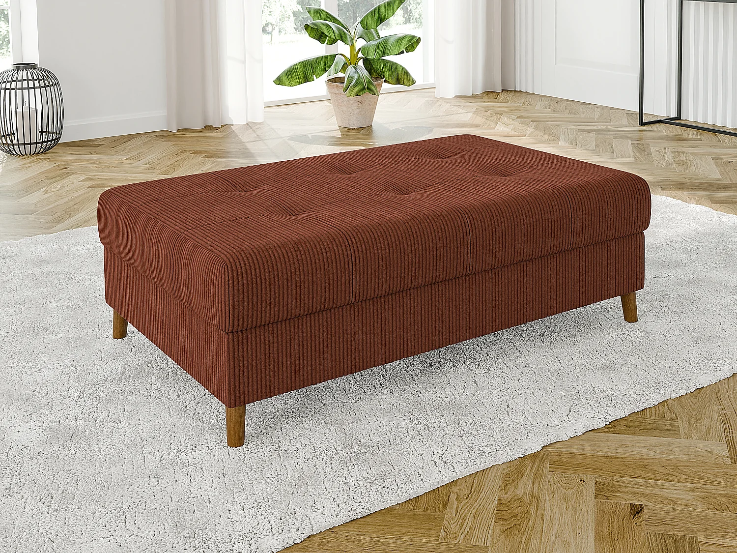 Jasper - Wohnlandschaft mit Braun Holzfüßen im skandinavischen Stil aus Terrakotta Cord-Stoff, Ottomane links