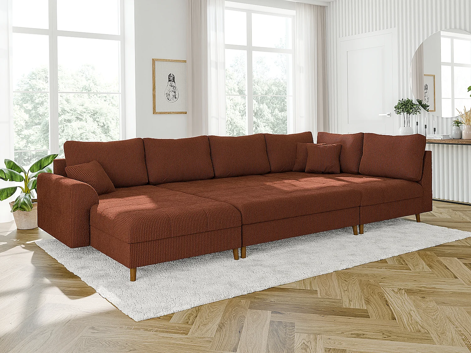 Jasper - Wohnlandschaft mit Braun Holzfüßen im skandinavischen Stil aus Terrakotta Cord-Stoff, Ottomane links