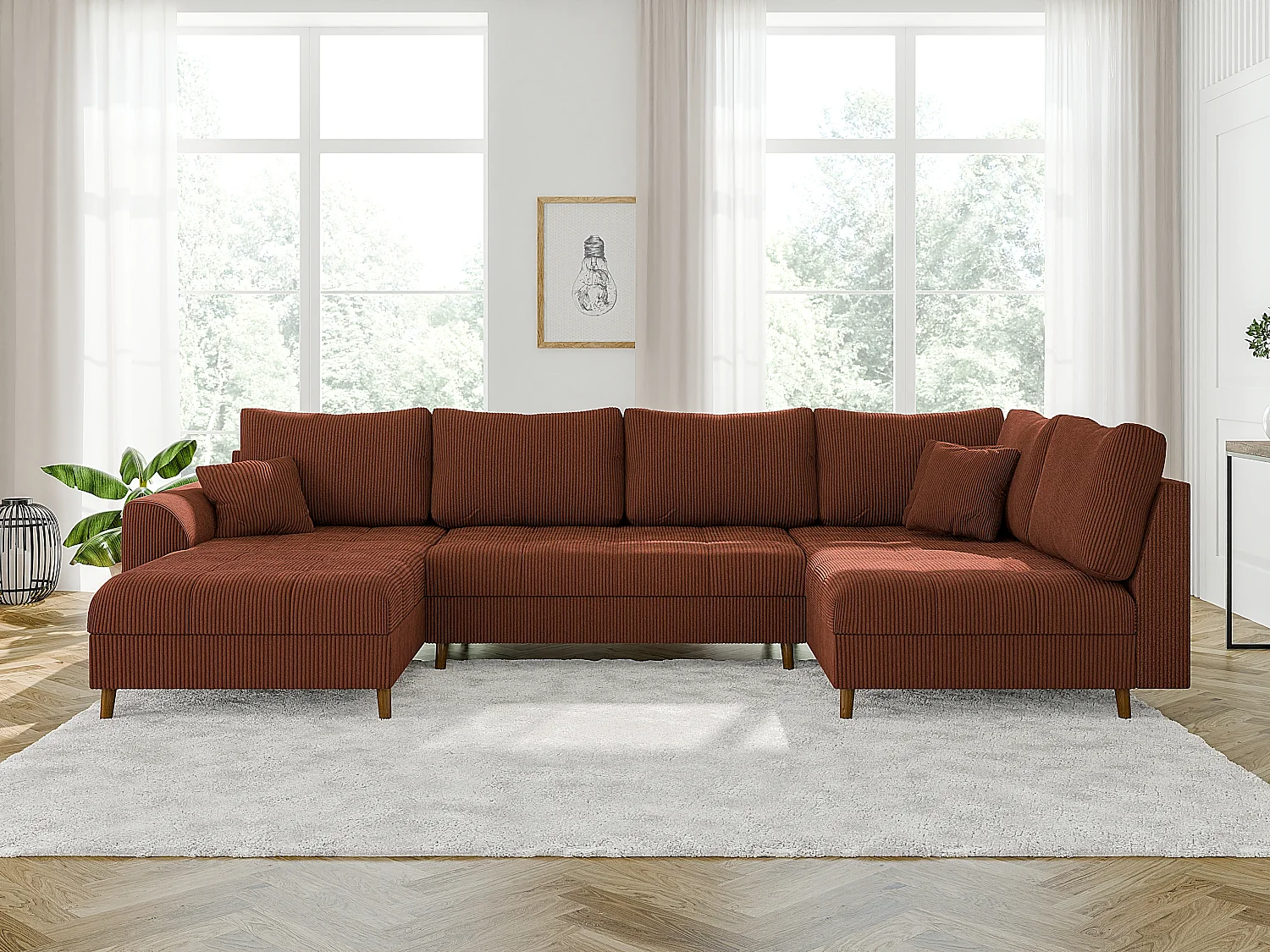 Jasper - Wohnlandschaft mit Braun Holzfüßen im skandinavischen Stil aus Terrakotta Cord-Stoff, Ottomane links