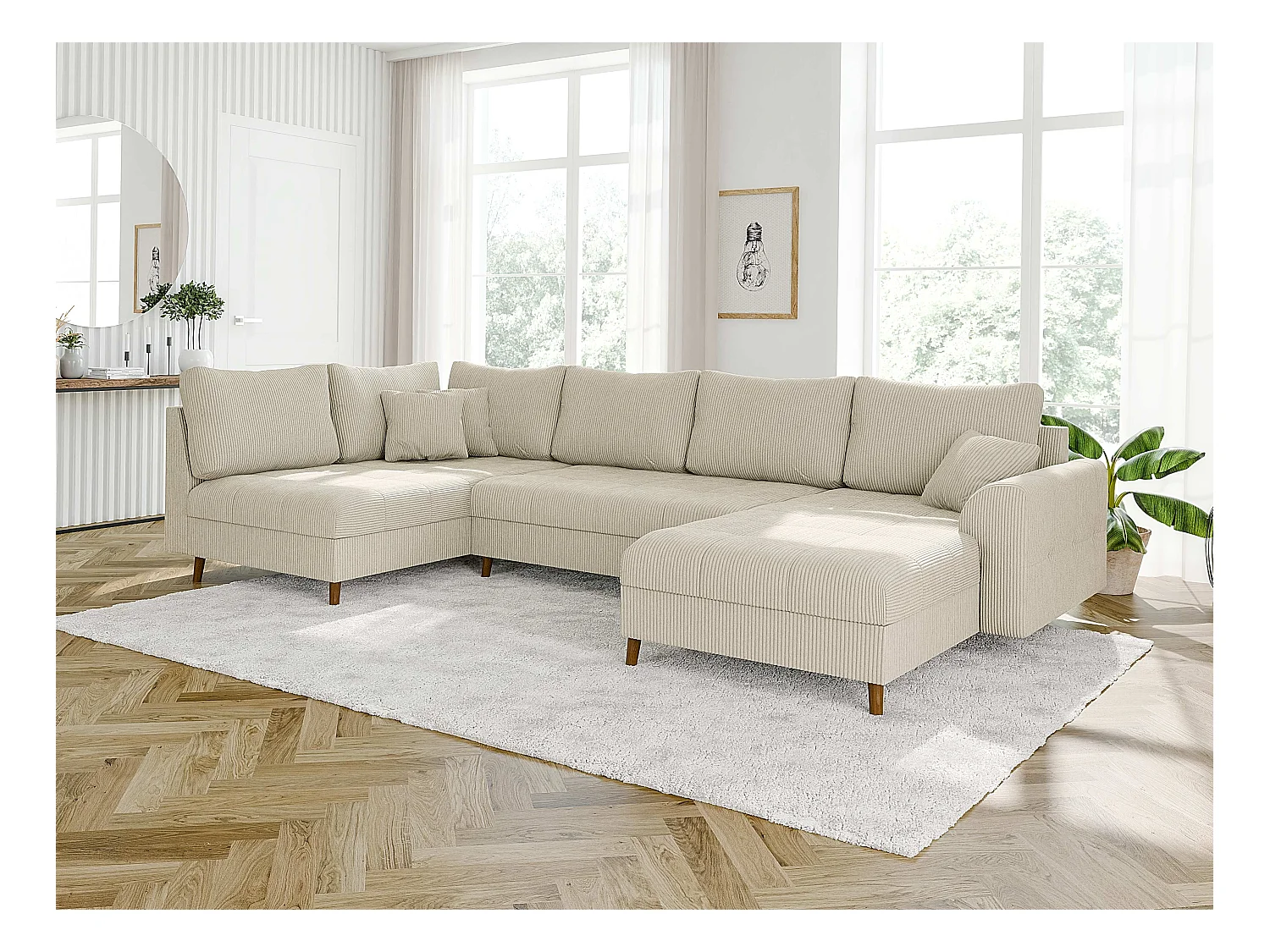 Jasper - Wohnlandschaft mit Braun Holzfüßen im skandinavischen Stil aus Beige Cord-Stoff, Ottomane rechts