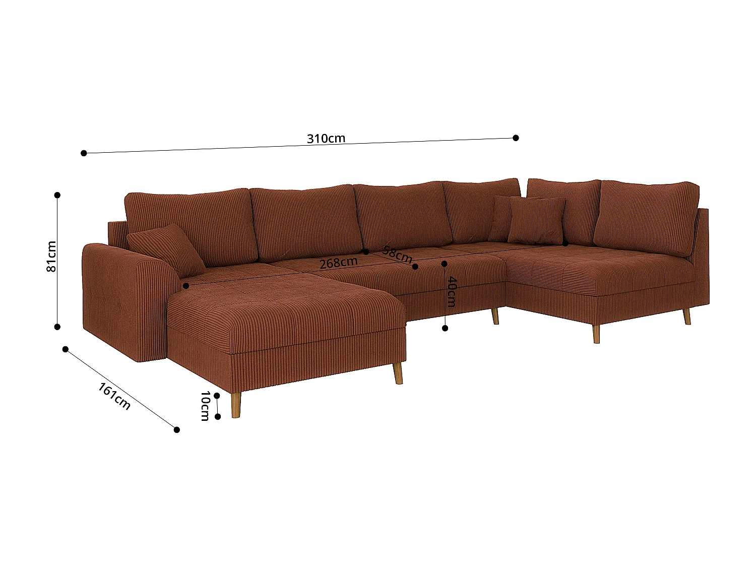 Jasper - Wohnlandschaft mit Braun Holzfüßen im skandinavischen Stil aus Terrakotta Cord-Stoff, Ottomane links