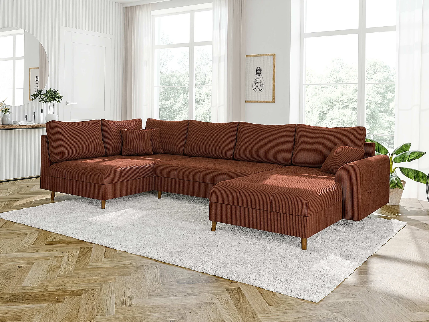 Jasper - Wohnlandschaft mit Braun Holzfüßen im skandinavischen Stil aus Terrakotta Cord-Stoff, Ottomane rechts