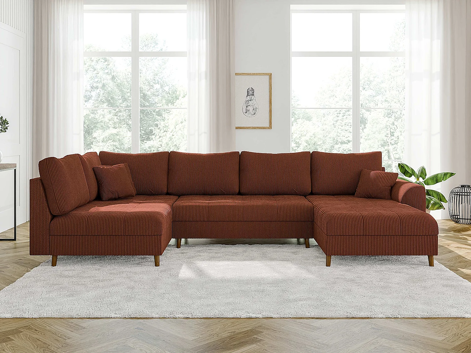 Jasper - Wohnlandschaft mit Braun Holzfüßen im skandinavischen Stil aus Terrakotta Cord-Stoff, Ottomane rechts