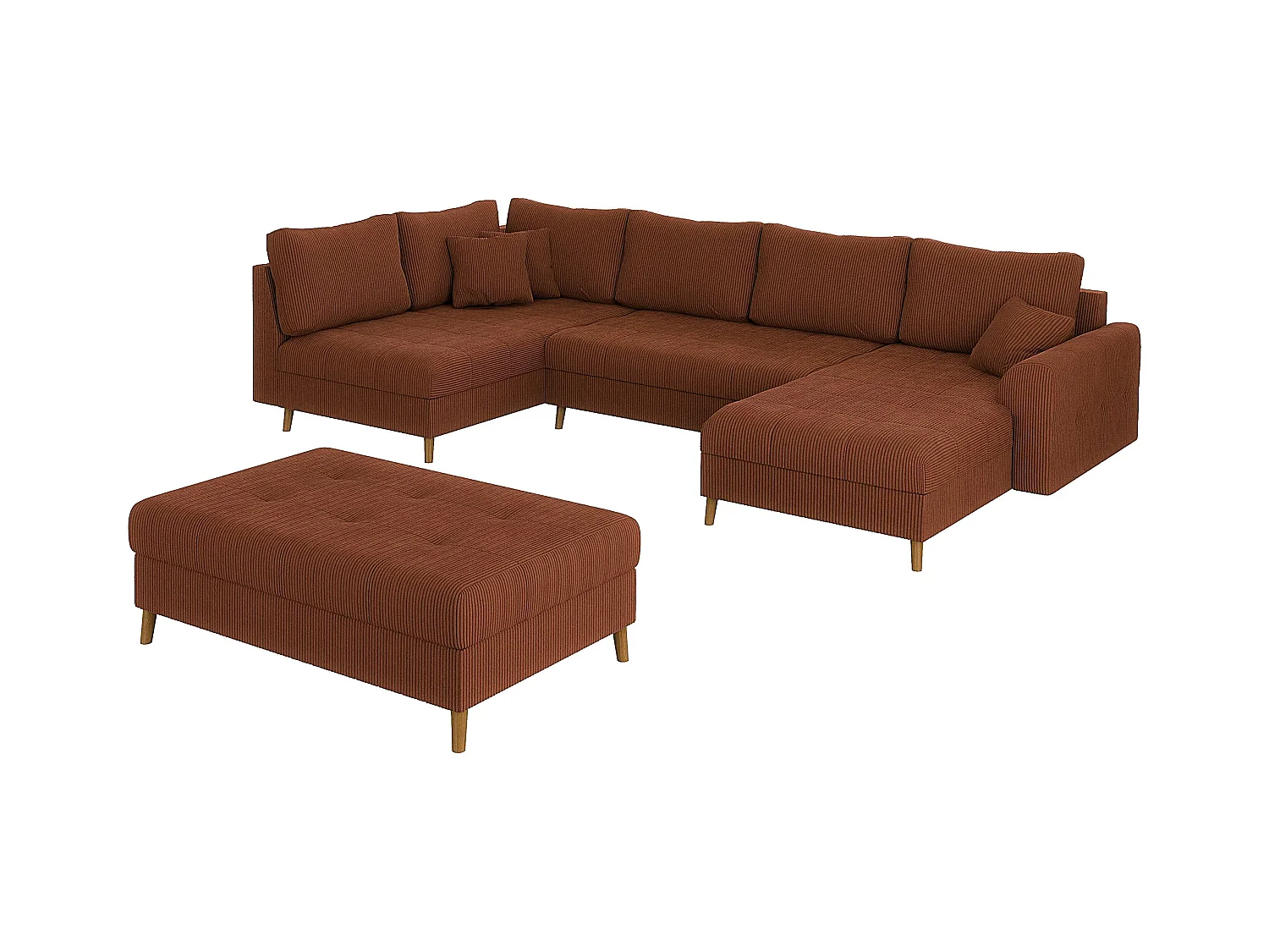 Jasper - Wohnlandschaft mit Braun Holzfüßen im skandinavischen Stil aus Terrakotta Cord-Stoff, Ottomane rechts