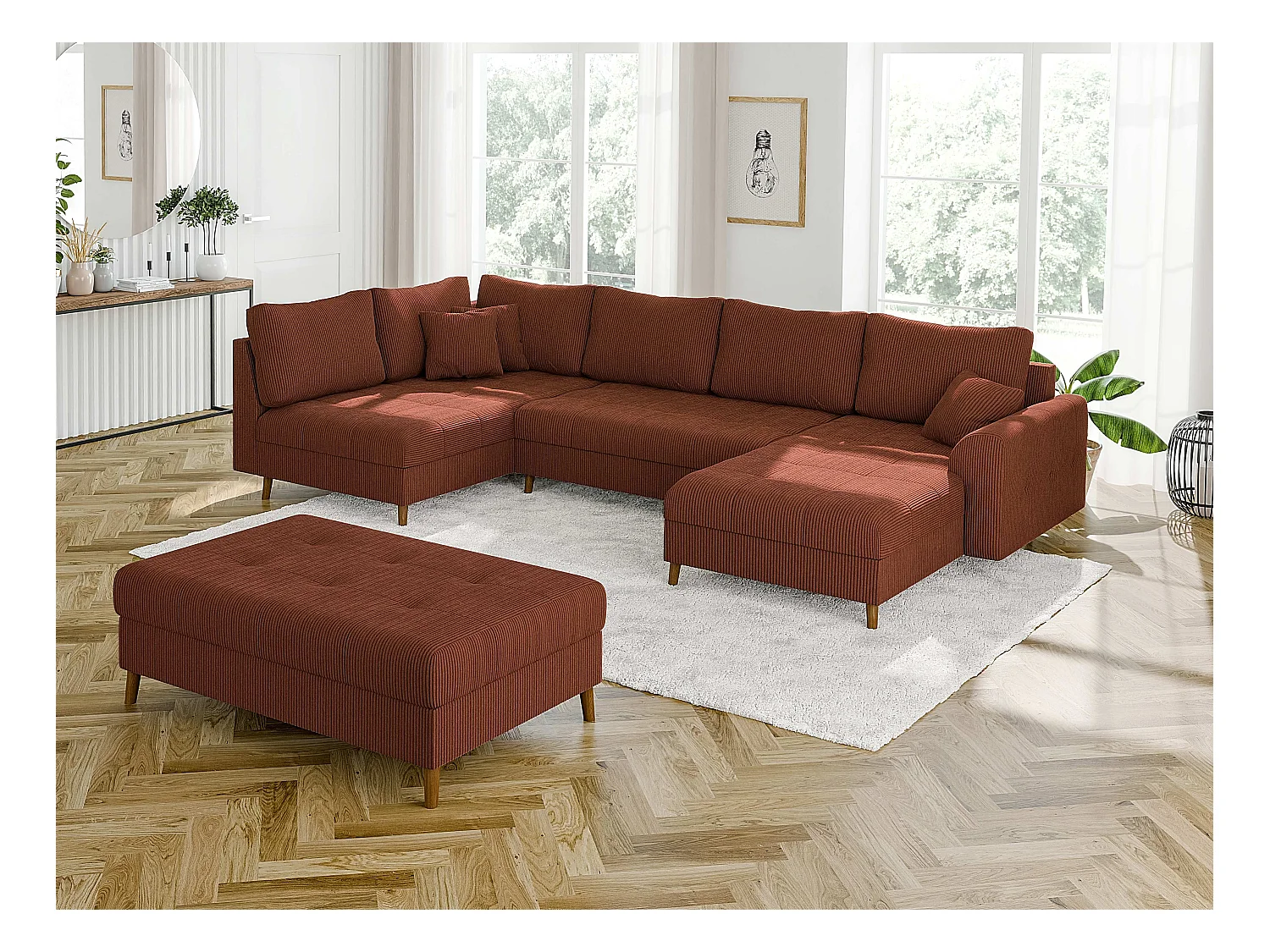 Jasper - Wohnlandschaft mit Braun Holzfüßen im skandinavischen Stil aus Terrakotta Cord-Stoff, Ottomane rechts