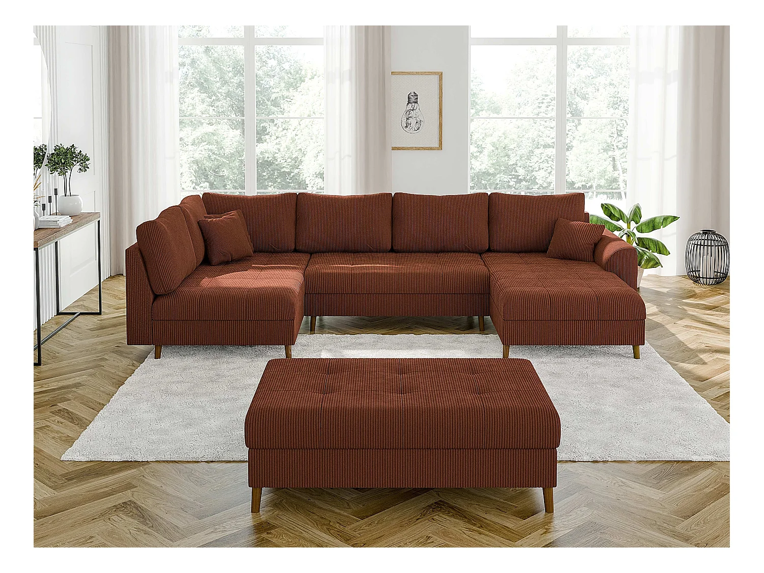 Jasper - Wohnlandschaft mit Braun Holzfüßen im skandinavischen Stil aus Terrakotta Cord-Stoff, Ottomane rechts