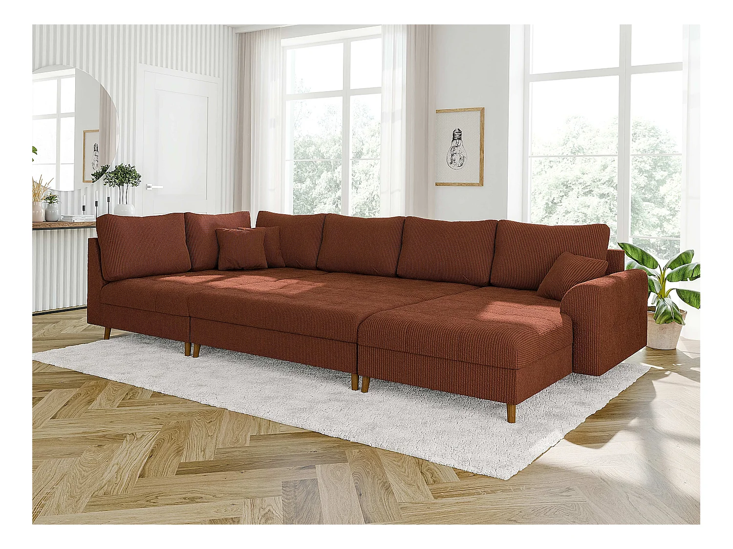 Jasper - Wohnlandschaft mit Braun Holzfüßen im skandinavischen Stil aus Terrakotta Cord-Stoff, Ottomane rechts