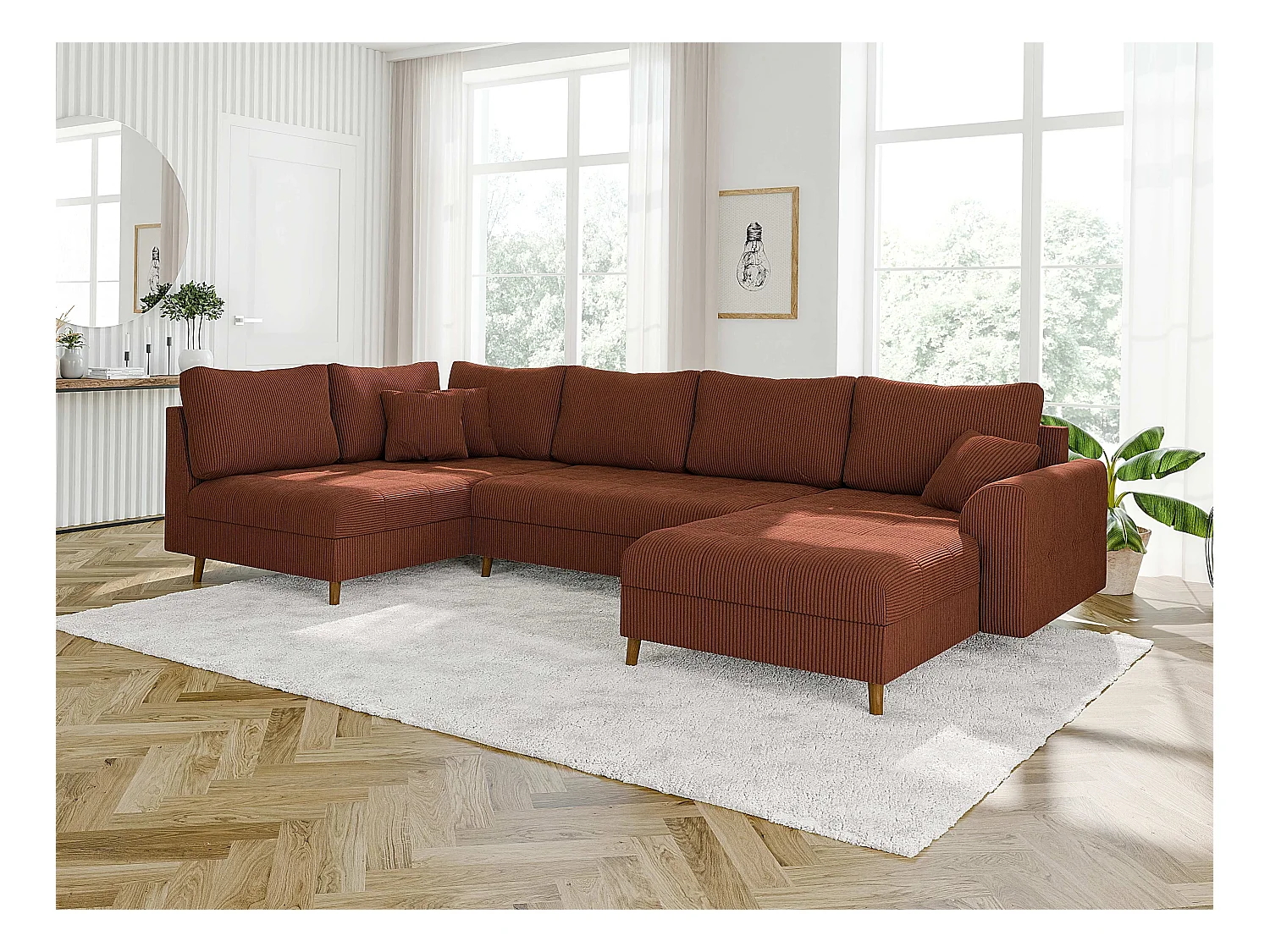 Jasper - Wohnlandschaft mit Braun Holzfüßen im skandinavischen Stil aus Terrakotta Cord-Stoff, Ottomane rechts