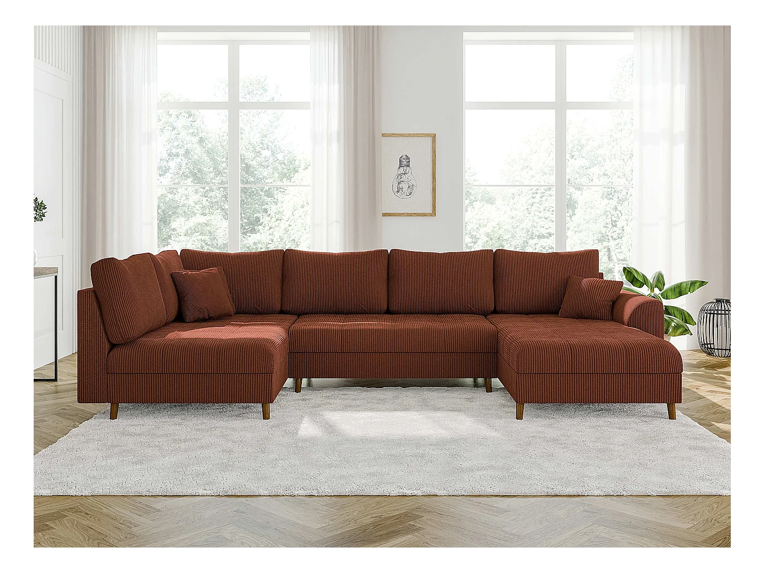 Jasper - Wohnlandschaft mit Braun Holzfüßen im skandinavischen Stil aus Terrakotta Cord-Stoff, Ottomane rechts