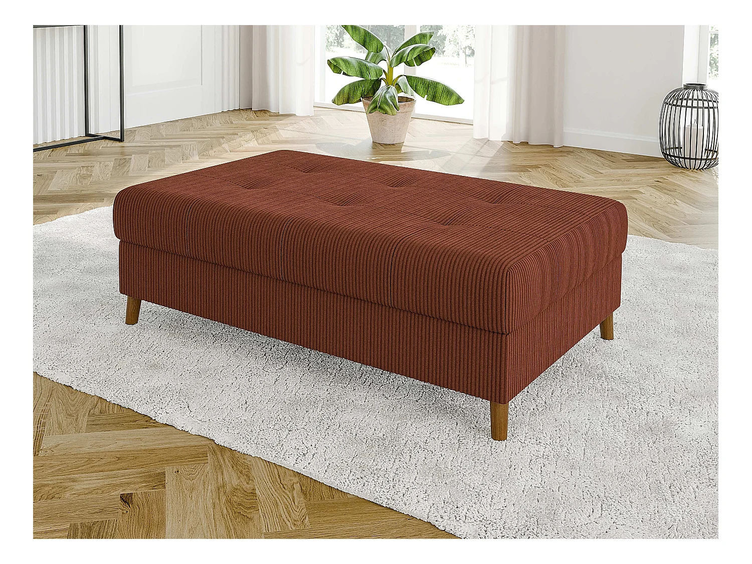 Jasper - Wohnlandschaft mit Braun Holzfüßen im skandinavischen Stil aus Terrakotta Cord-Stoff, Ottomane rechts
