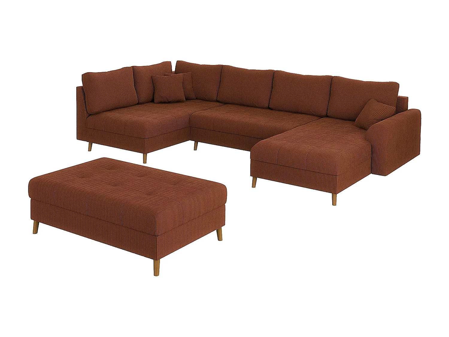 Jasper - Wohnlandschaft mit Braun Holzfüßen im skandinavischen Stil aus Terrakotta Cord-Stoff, Ottomane rechts