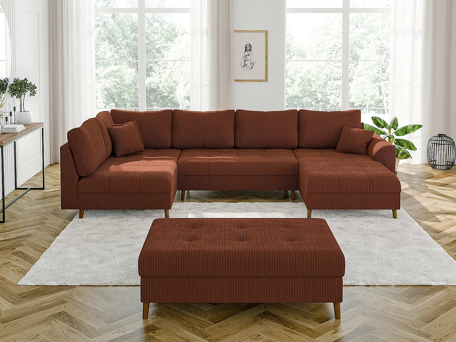 Jasper - Wohnlandschaft mit Braun Holzfüßen im skandinavischen Stil aus Terrakotta Cord-Stoff, Ottomane rechts