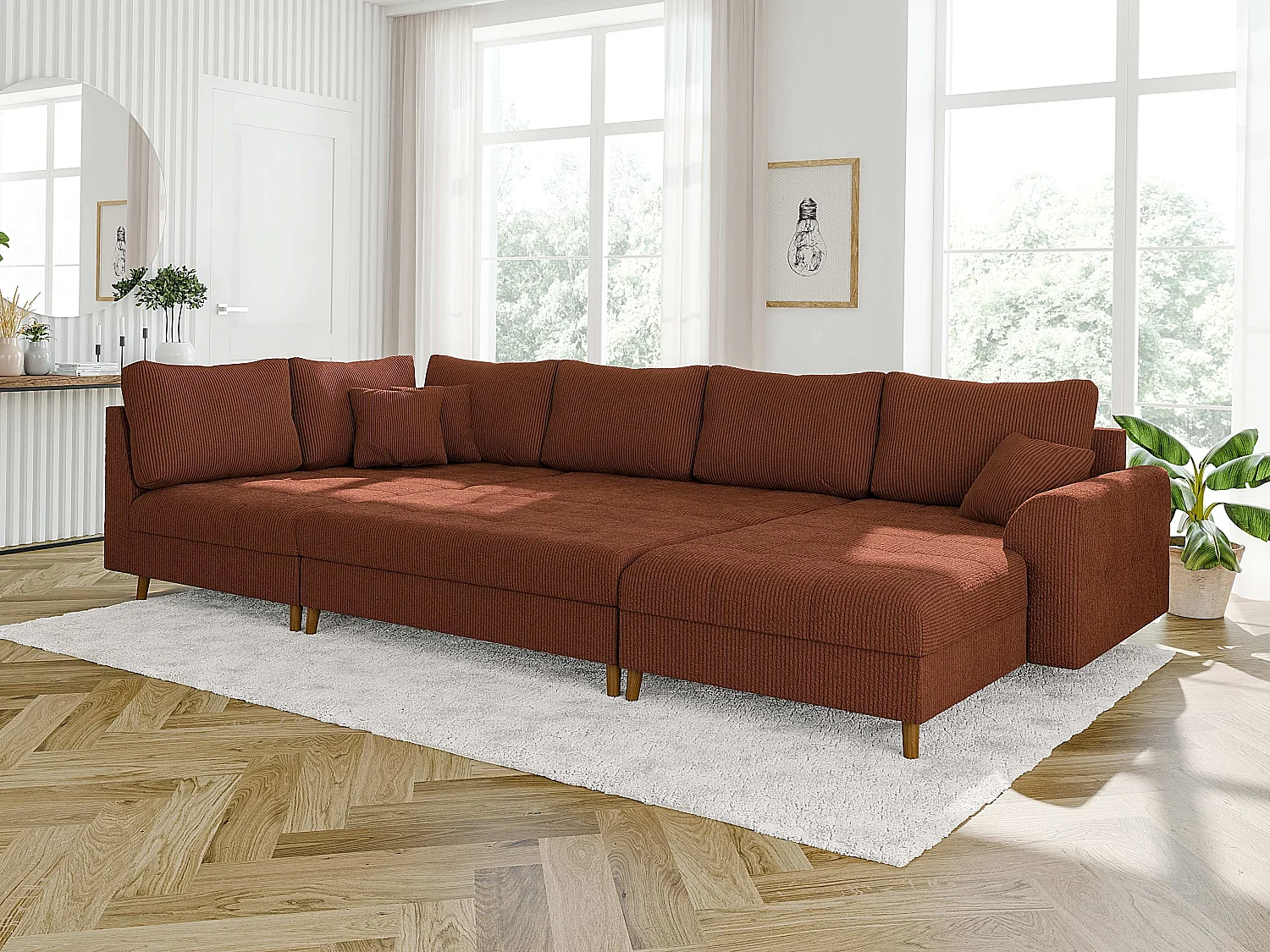 Jasper - Wohnlandschaft mit Braun Holzfüßen im skandinavischen Stil aus Terrakotta Cord-Stoff, Ottomane rechts