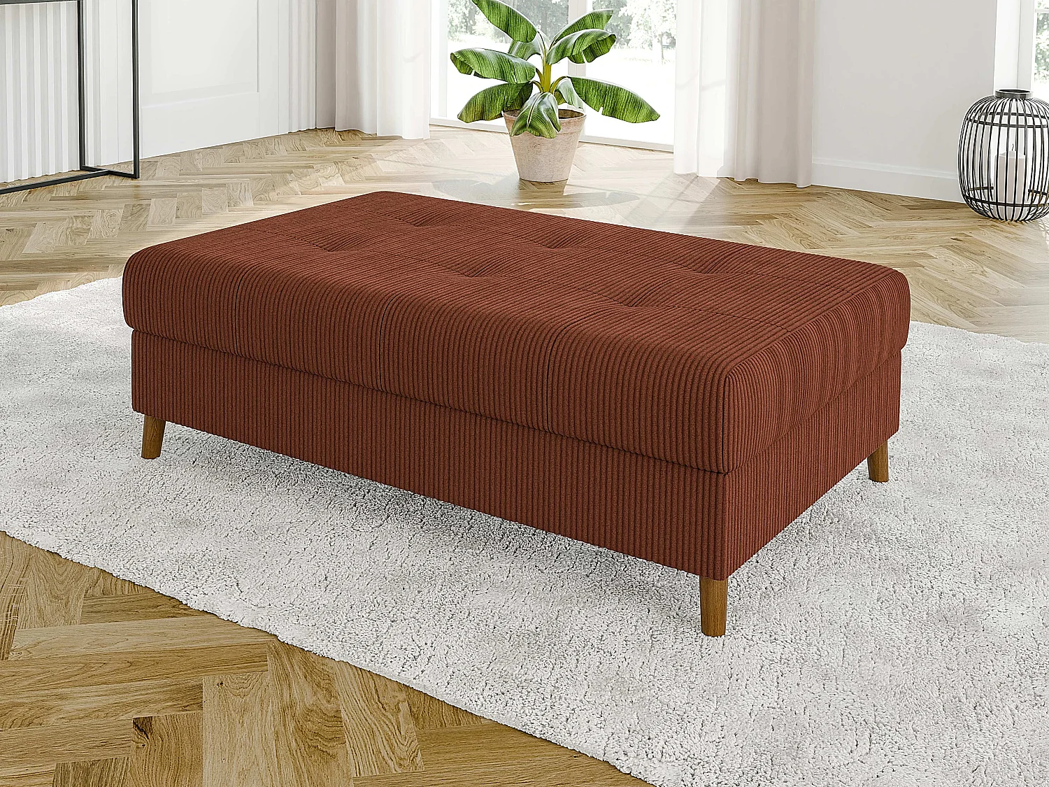 Jasper - Wohnlandschaft mit Braun Holzfüßen im skandinavischen Stil aus Terrakotta Cord-Stoff, Ottomane rechts