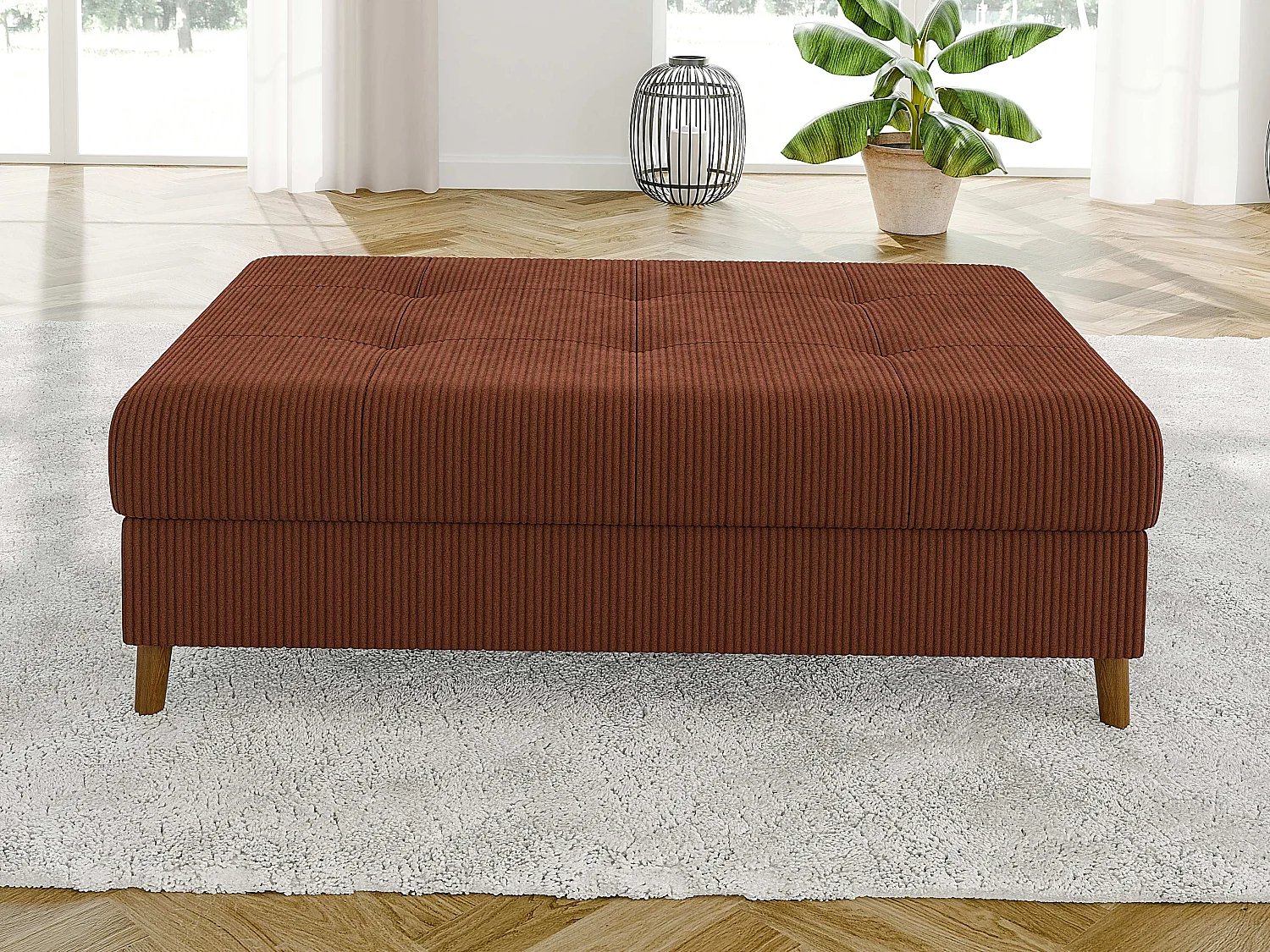 Jasper - Wohnlandschaft mit Braun Holzfüßen im skandinavischen Stil aus Terrakotta Cord-Stoff, Ottomane rechts