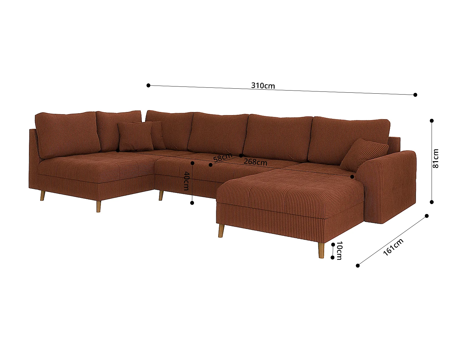 Jasper - Wohnlandschaft mit Braun Holzfüßen im skandinavischen Stil aus Terrakotta Cord-Stoff, Ottomane rechts