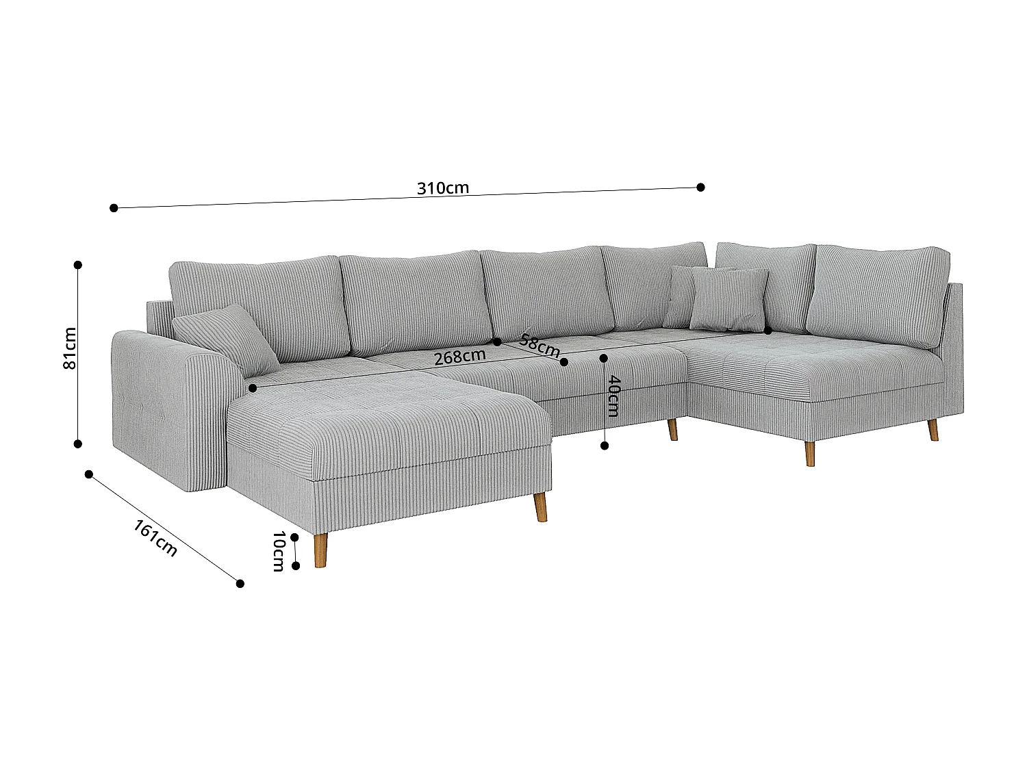 Jasper - Wohnlandschaft mit Braun Holzfüßen im skandinavischen Stil aus Hellgrau Cord-Stoff, Ottomane links