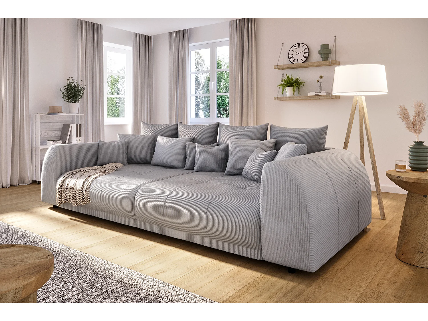Levana - Big Sofa 5 Sitzer boxspringfederung lounge Sofa in Hellgrau Cord-Stoff