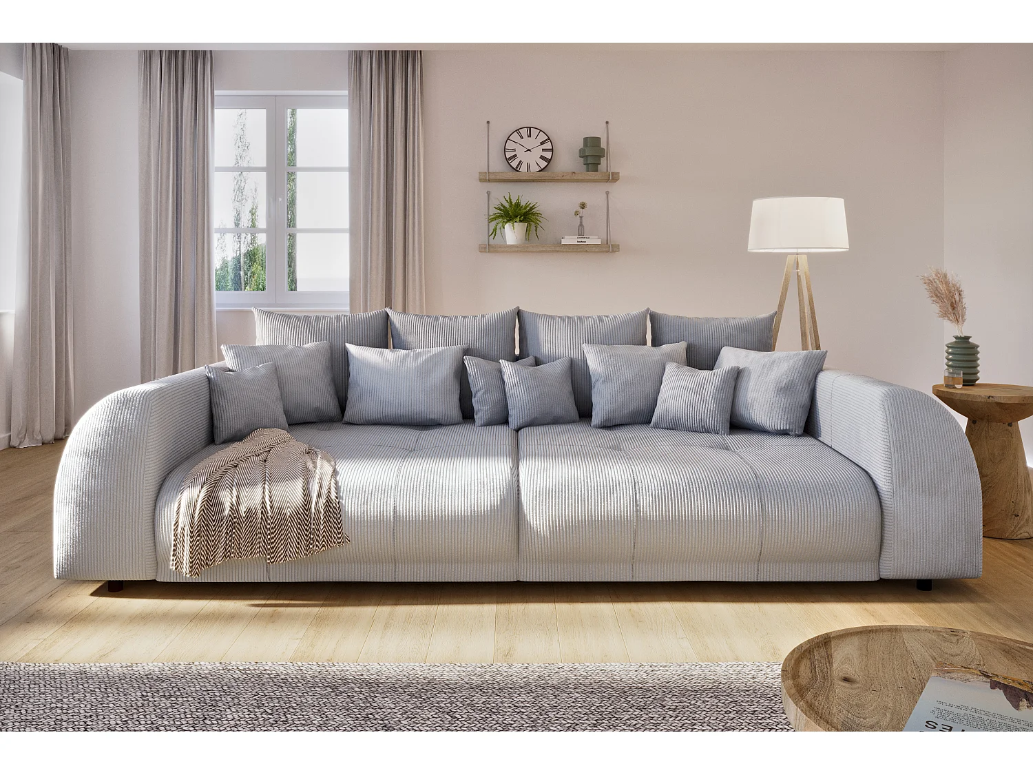 Levana - Big Sofa 5 Sitzer boxspringfederung lounge Sofa in Hellgrau Cord-Stoff