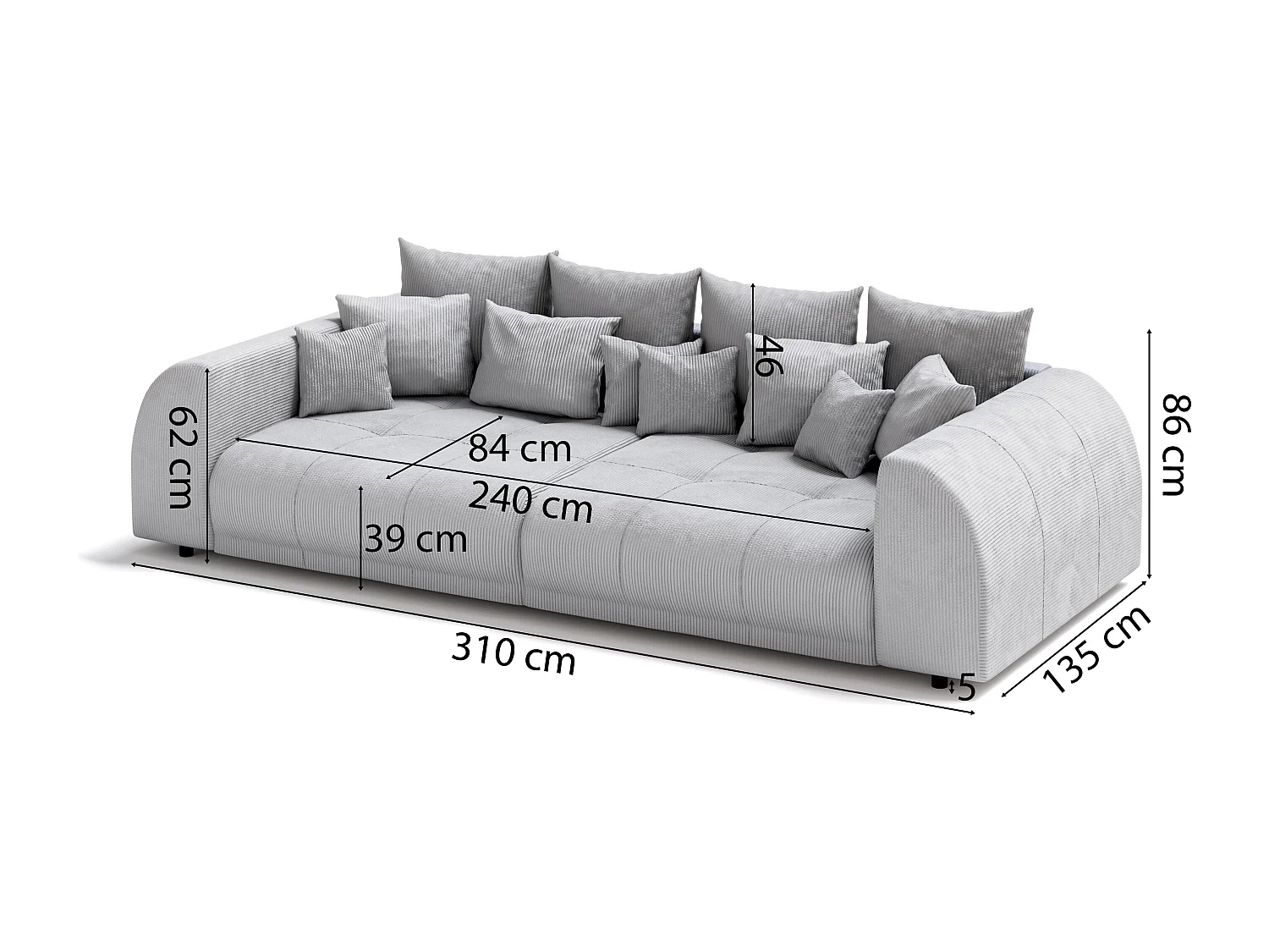 Levana - Big Sofa 5 Sitzer boxspringfederung lounge Sofa in Hellgrau Cord-Stoff