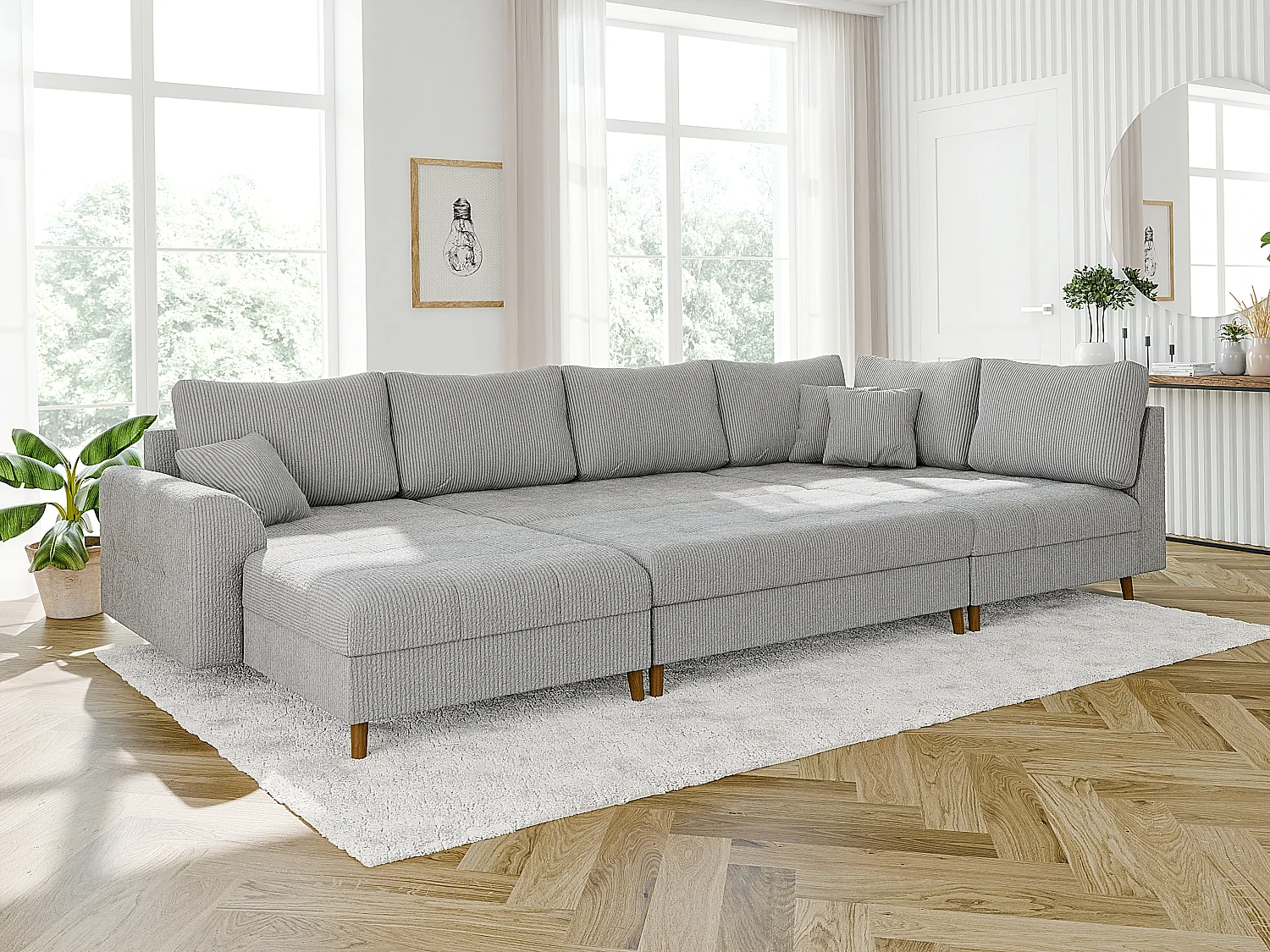 Jasper - Wohnlandschaft mit Braun Holzfüßen im skandinavischen Stil aus Hellgrau Cord-Stoff, Ottomane links