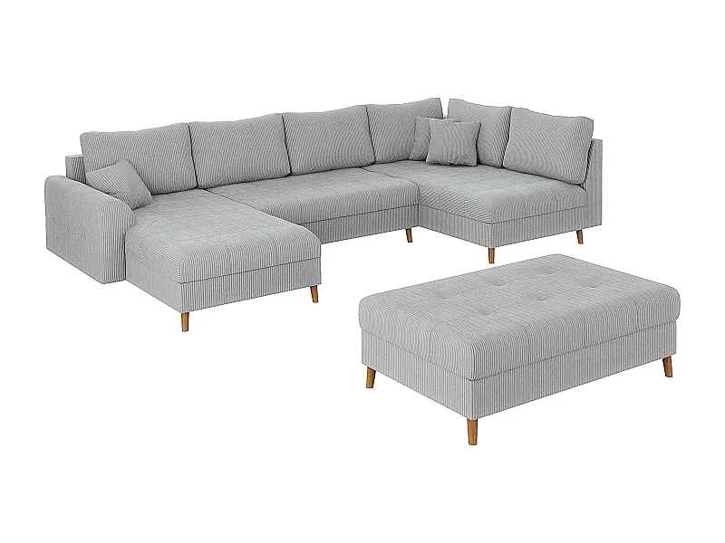 Jasper - Wohnlandschaft mit Braun Holzfüßen im skandinavischen Stil aus Hellgrau Cord-Stoff, Ottomane links