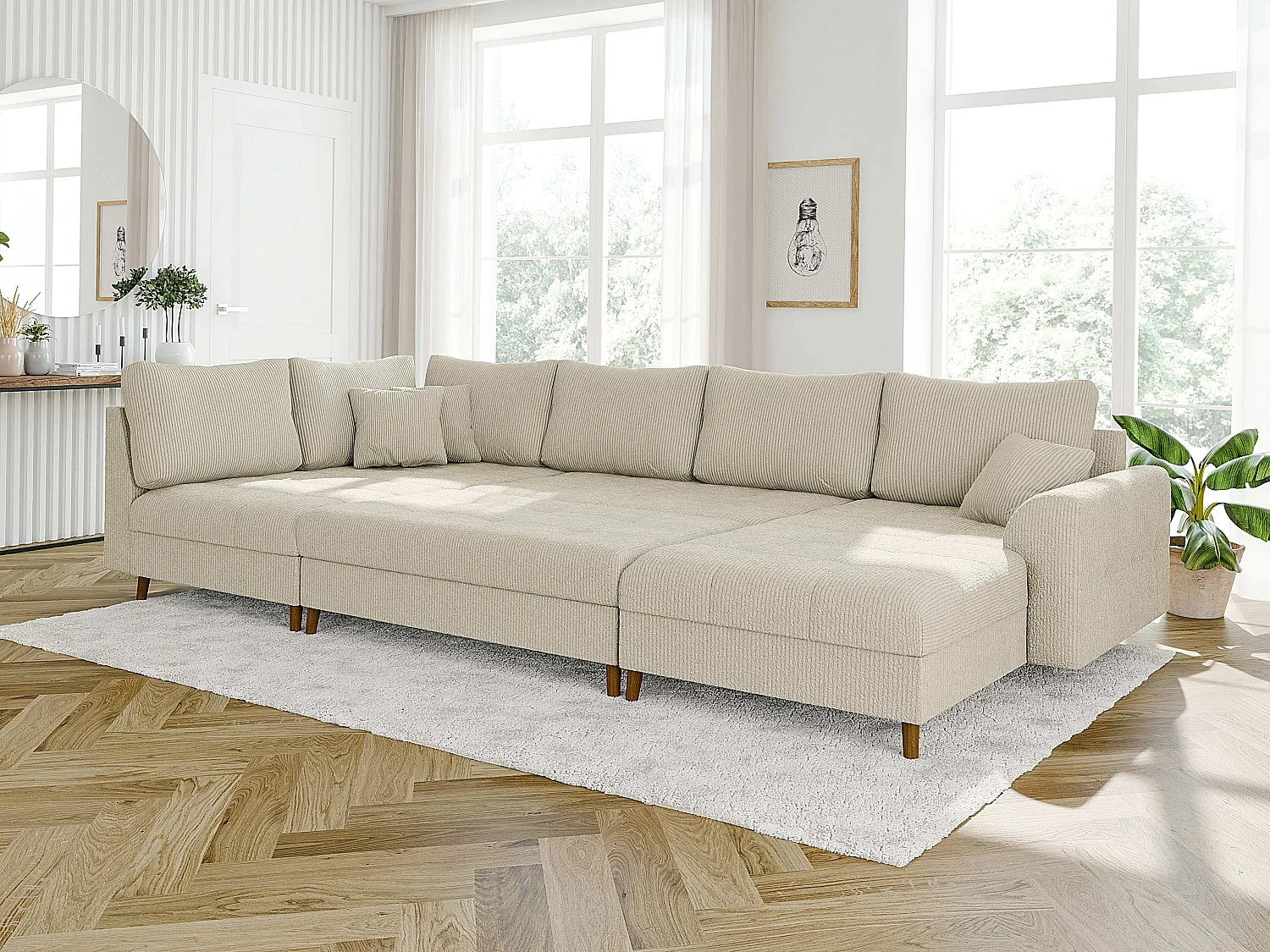 Jasper - Wohnlandschaft mit Braun Holzfüßen im skandinavischen Stil aus Beige Cord-Stoff, Ottomane rechts