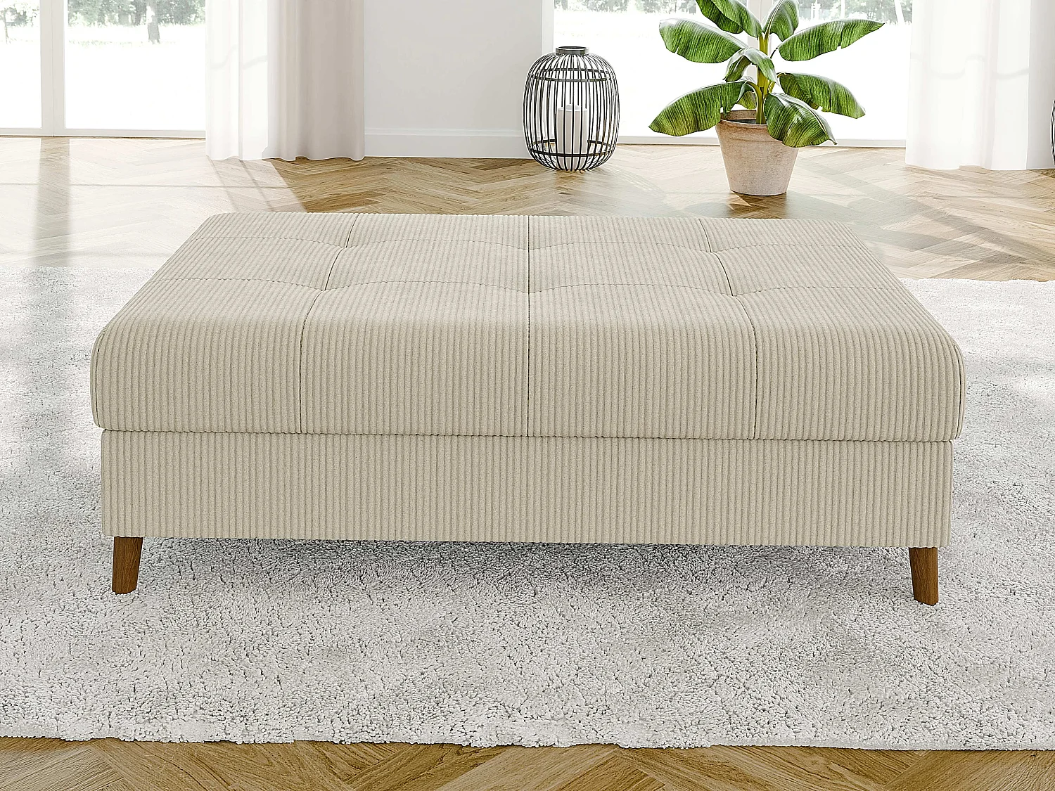 Jasper - Wohnlandschaft mit Braun Holzfüßen im skandinavischen Stil aus Beige Cord-Stoff, Ottomane rechts