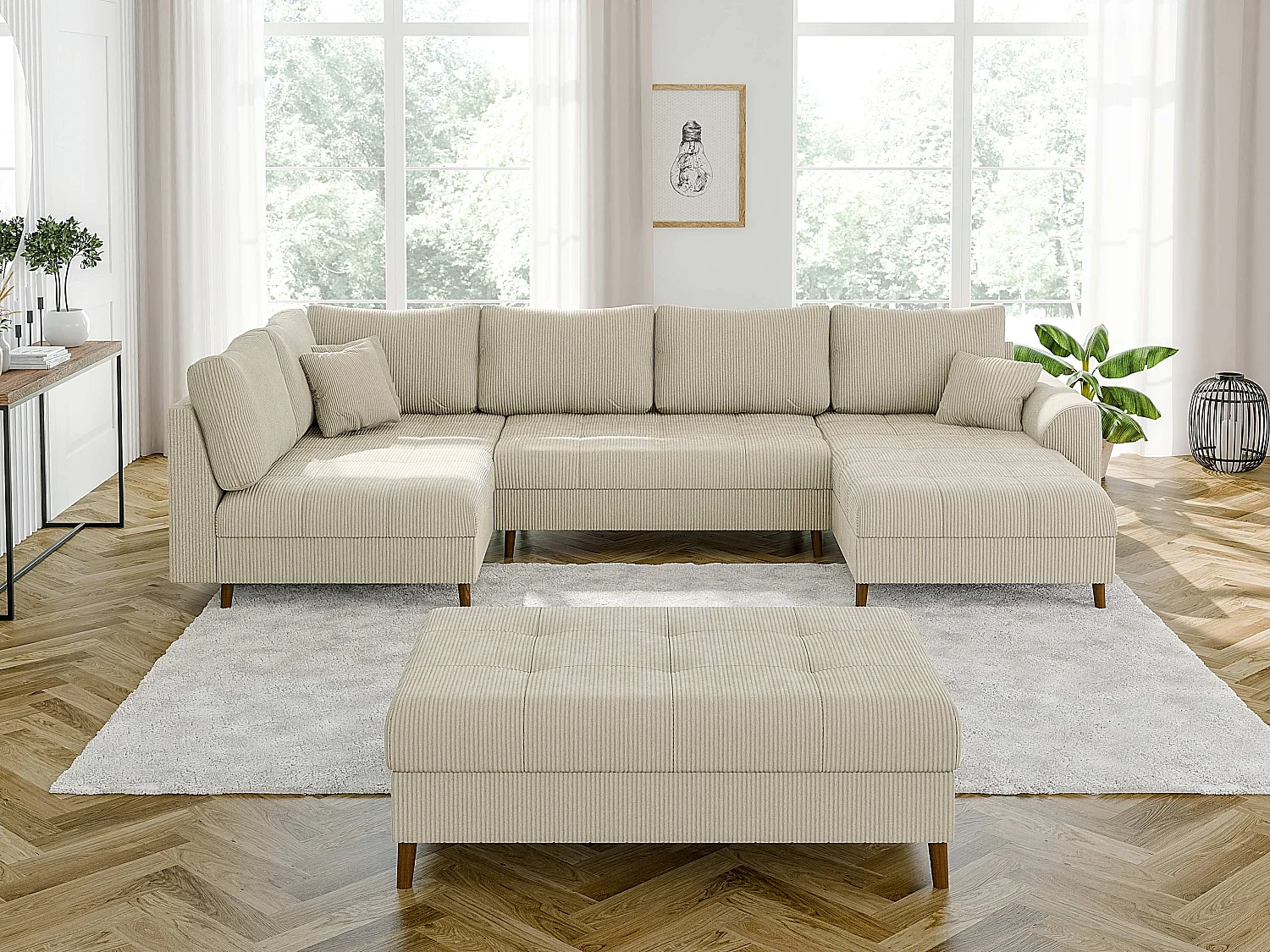 Jasper - Wohnlandschaft mit Braun Holzfüßen im skandinavischen Stil aus Beige Cord-Stoff, Ottomane rechts