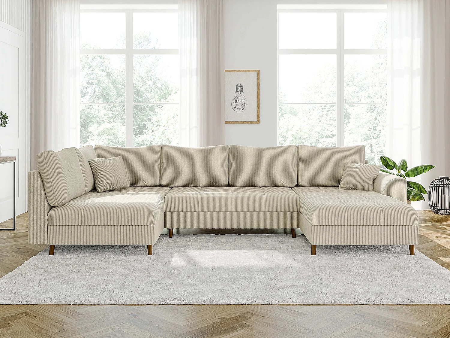 Jasper - Wohnlandschaft mit Braun Holzfüßen im skandinavischen Stil aus Beige Cord-Stoff, Ottomane rechts