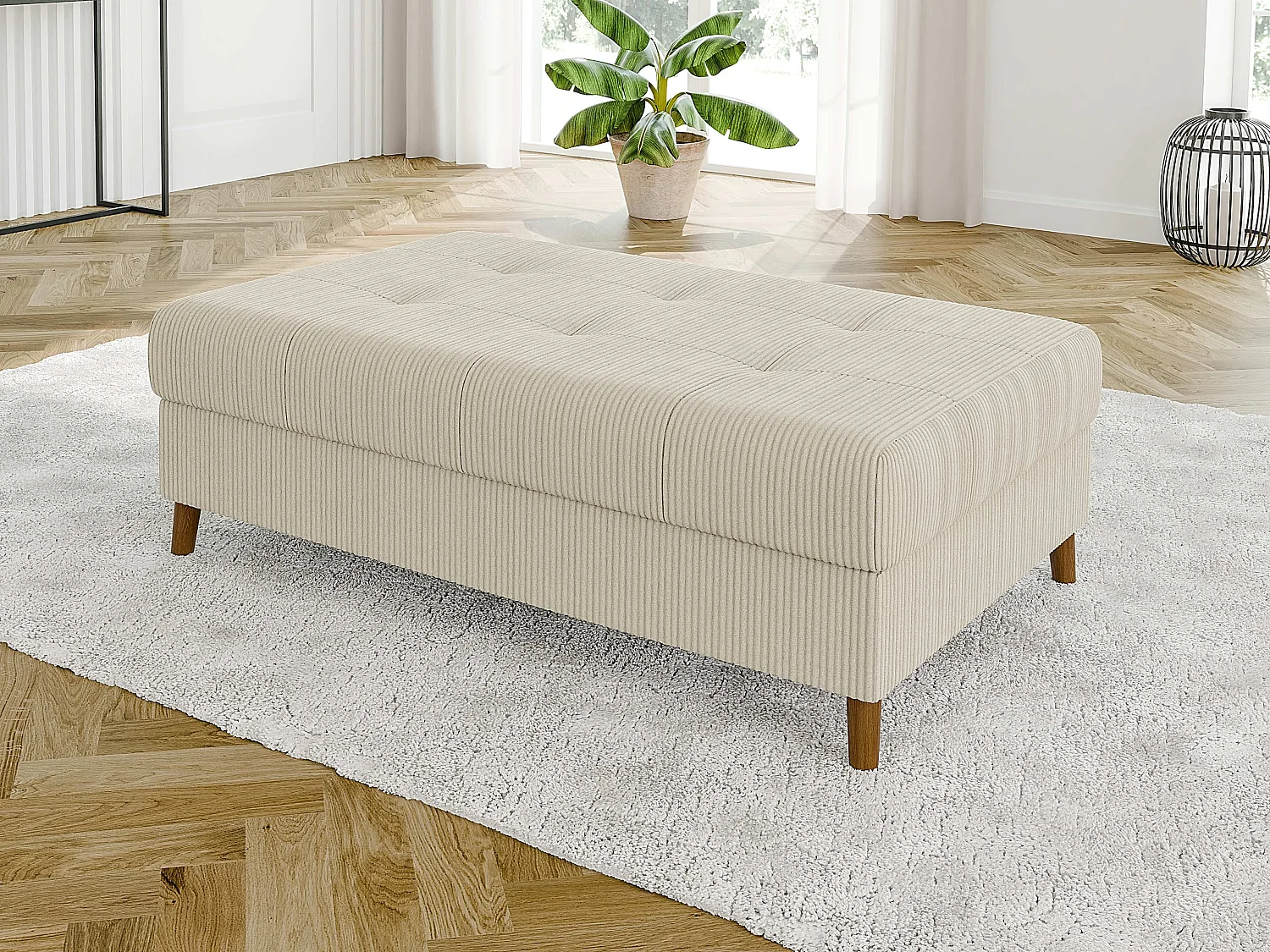 Jasper - Wohnlandschaft mit Braun Holzfüßen im skandinavischen Stil aus Beige Cord-Stoff, Ottomane rechts