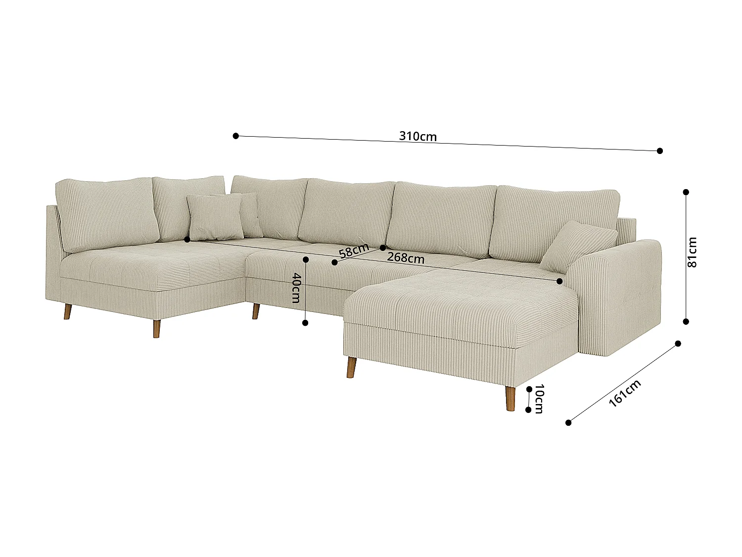 Jasper - Wohnlandschaft mit Braun Holzfüßen im skandinavischen Stil aus Beige Cord-Stoff, Ottomane rechts