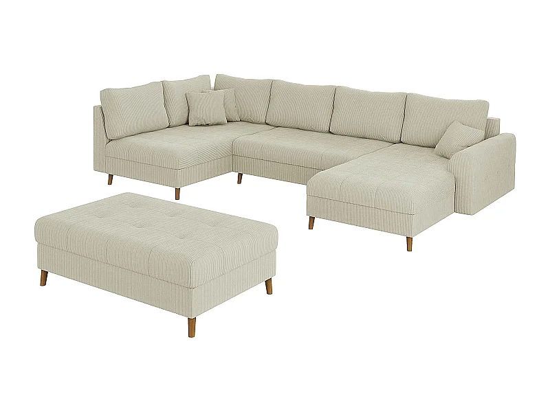 Jasper - Wohnlandschaft mit Braun Holzfüßen im skandinavischen Stil aus Beige Cord-Stoff, Ottomane rechts