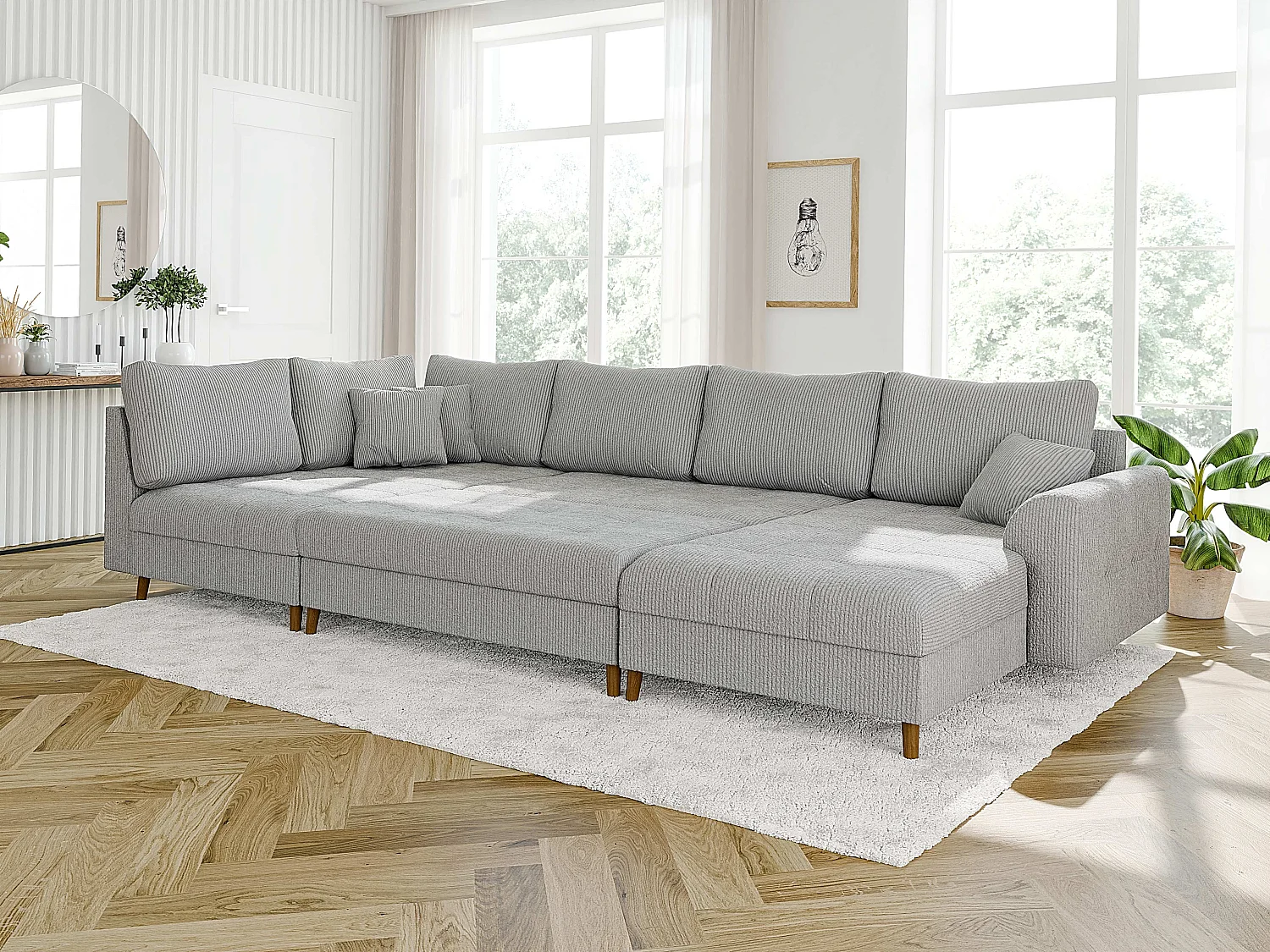 Jasper - Wohnlandschaft mit Braun Holzfüßen im skandinavischen Stil aus Hellgrau Cord-Stoff, Ottomane rechts