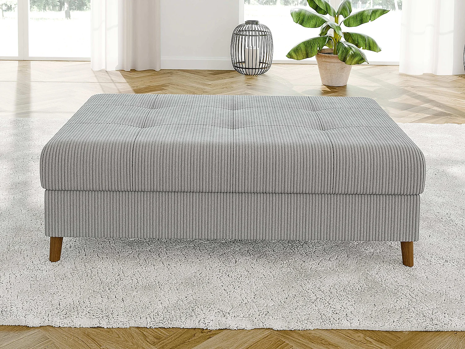 Jasper - Wohnlandschaft mit Braun Holzfüßen im skandinavischen Stil aus Hellgrau Cord-Stoff, Ottomane rechts