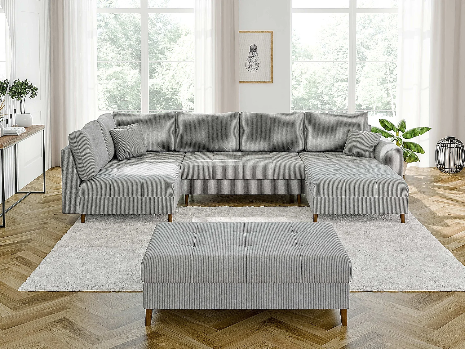 Jasper - Wohnlandschaft mit Braun Holzfüßen im skandinavischen Stil aus Hellgrau Cord-Stoff, Ottomane rechts