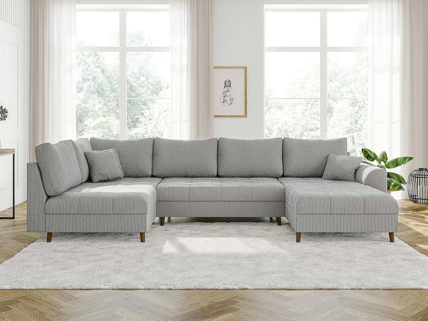 Jasper - Wohnlandschaft mit Braun Holzfüßen im skandinavischen Stil aus Hellgrau Cord-Stoff, Ottomane rechts