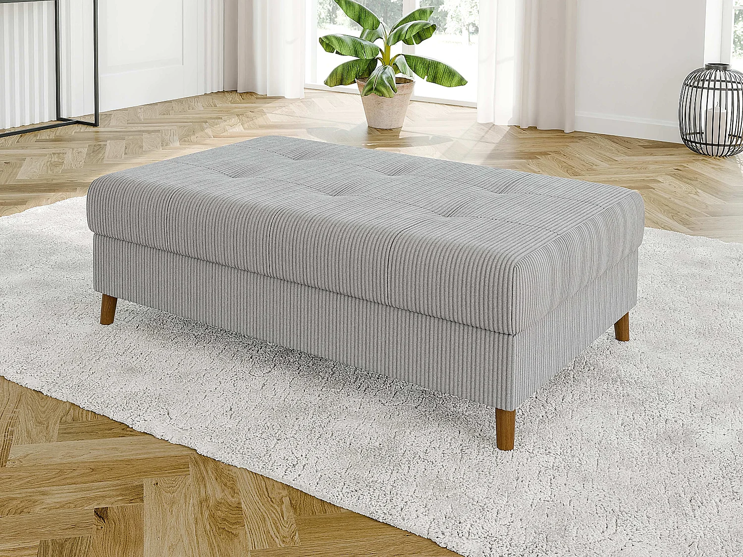 Jasper - Wohnlandschaft mit Braun Holzfüßen im skandinavischen Stil aus Hellgrau Cord-Stoff, Ottomane rechts